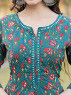 Yufta Green Floral Print Mirror_Work Anarkali Kurta Trouser And Dupatta Set | Grocsy