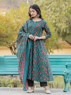 Yufta Green Floral Print Mirror_Work Anarkali Kurta Trouser And Dupatta Set | Grocsy