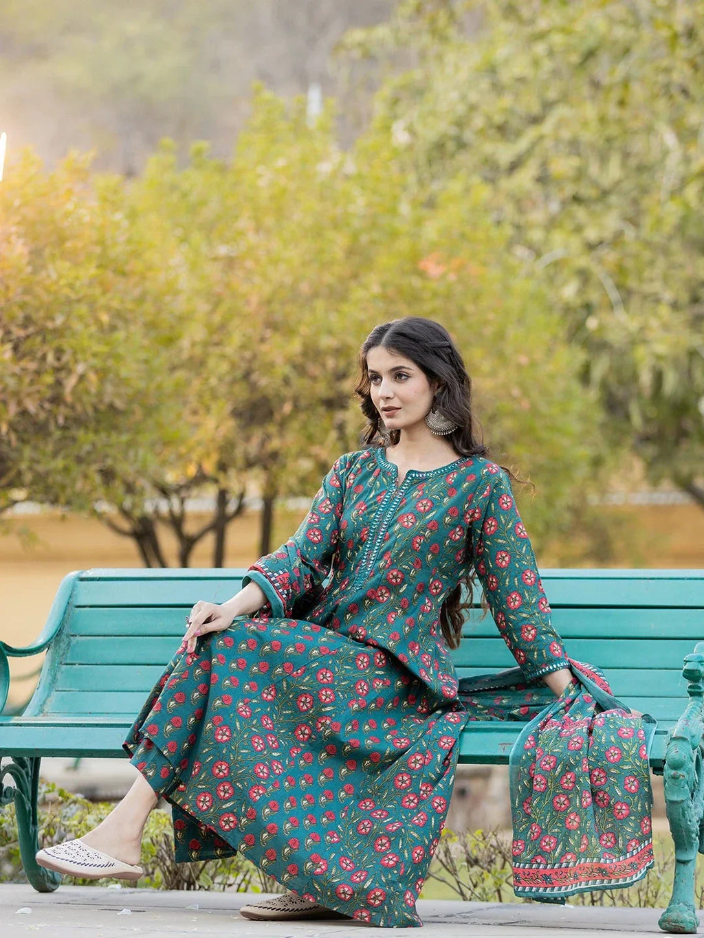 Yufta Green Floral Print Mirror_Work Anarkali Kurta Trouser And Dupatta Set | Grocsy