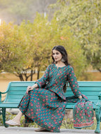 Yufta Green Floral Print Mirror_Work Anarkali Kurta Trouser And Dupatta Set | Grocsy