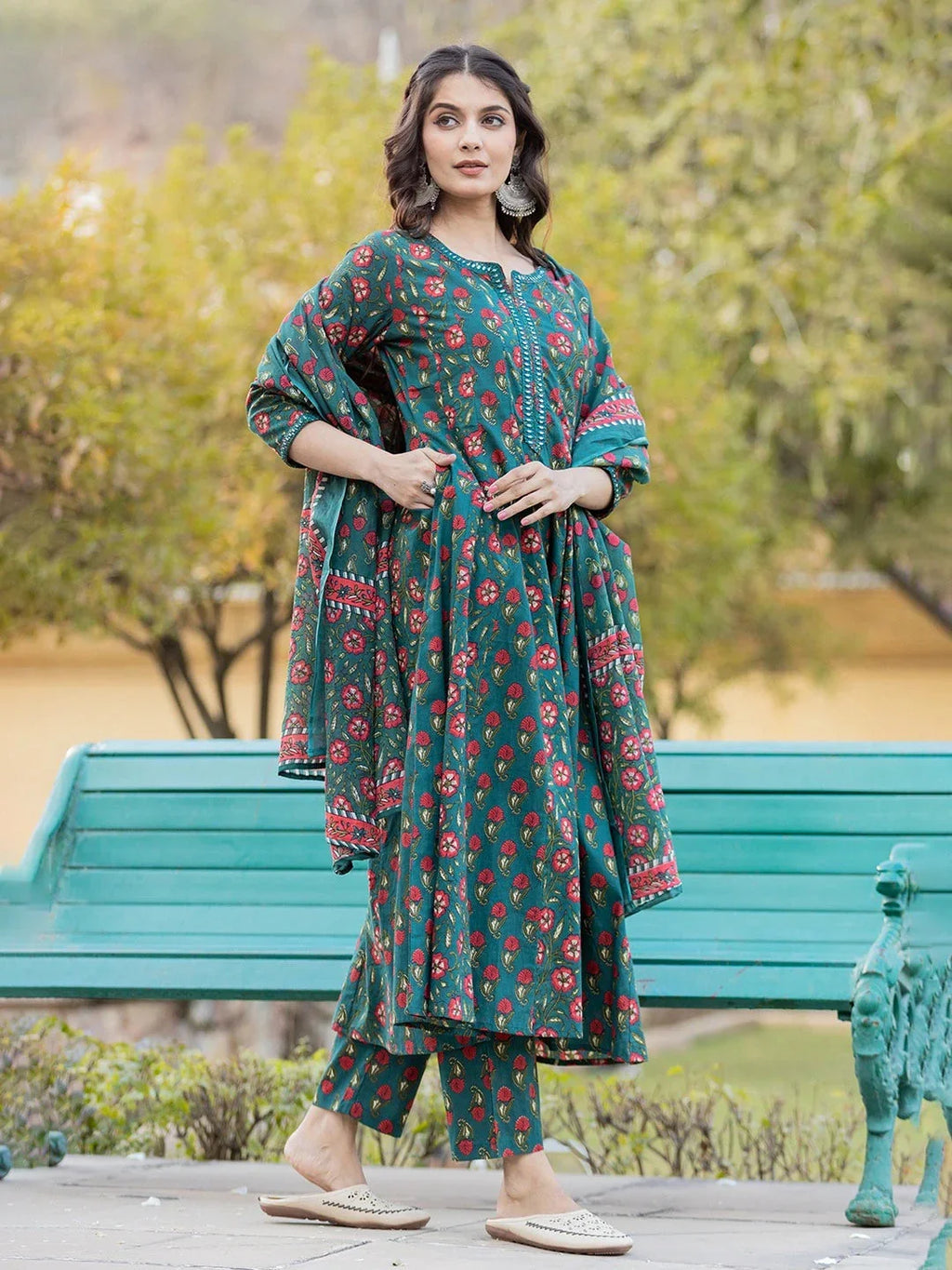 Yufta Green Floral Print Mirror_Work Anarkali Kurta Trouser And Dupatta Set | Grocsy