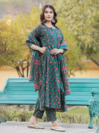 Yufta Green Floral Print Mirror_Work Anarkali Kurta Trouser And Dupatta Set | Grocsy