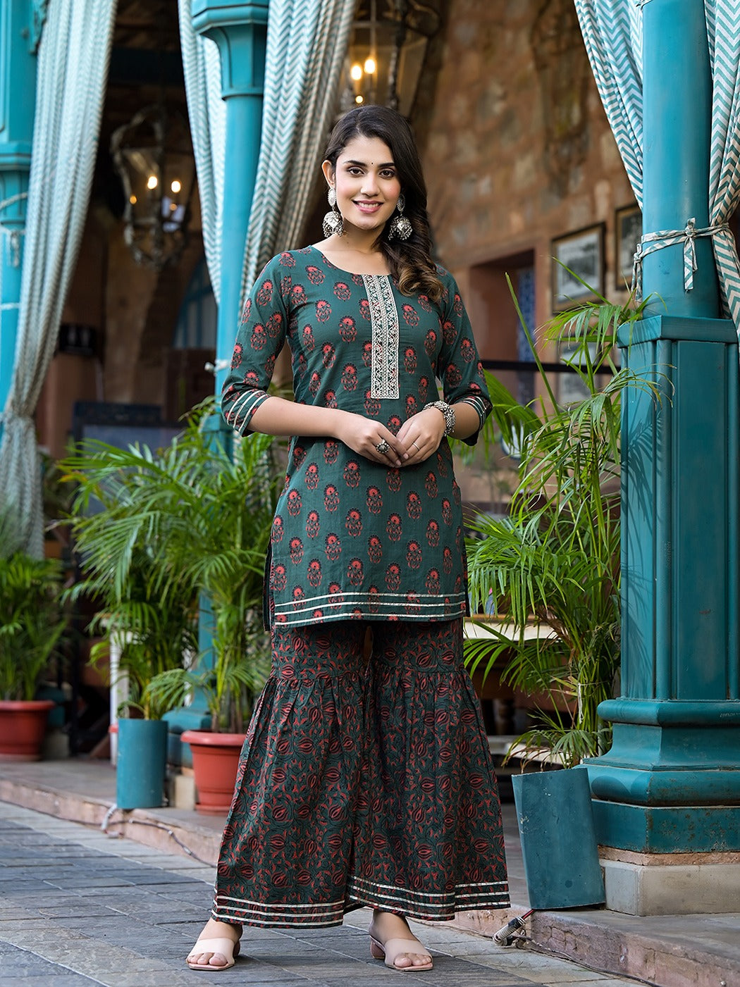 Yufta Green Floral Zari_Work Kurta Sharara With Dupatta Set | Grocsy