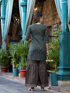 Yufta Green Floral Zari_Work Kurta Sharara With Dupatta Set | Grocsy