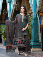 Yufta Green Floral Zari_Work Kurta Sharara With Dupatta Set | Grocsy