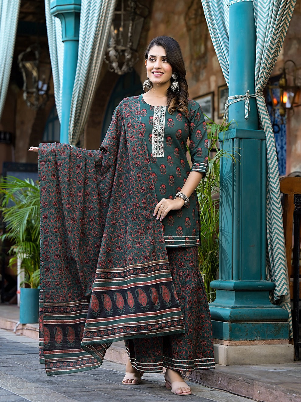 Yufta Green Floral Zari_Work Kurta Sharara With Dupatta Set | Grocsy