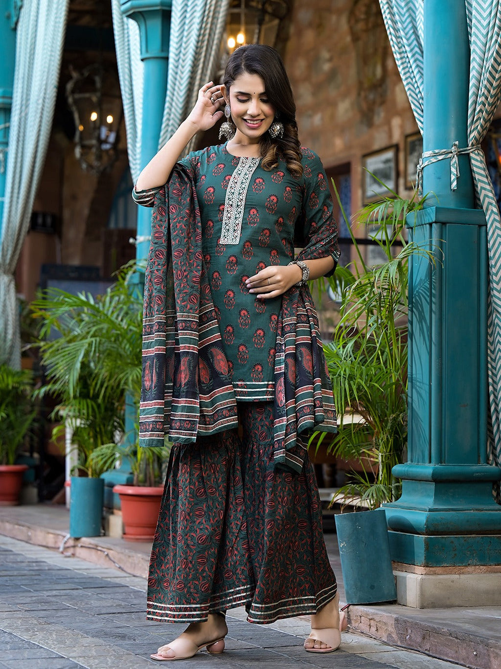 Yufta Green Floral Zari_Work Kurta Sharara With Dupatta Set | Grocsy