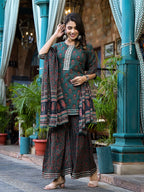 Yufta Green Floral Zari_Work Kurta Sharara With Dupatta Set | Grocsy