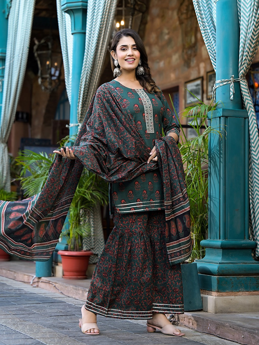 Yufta Green Floral Zari_Work Kurta Sharara With Dupatta Set | Grocsy