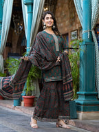 Yufta Green Floral Zari_Work Kurta Sharara With Dupatta Set | Grocsy