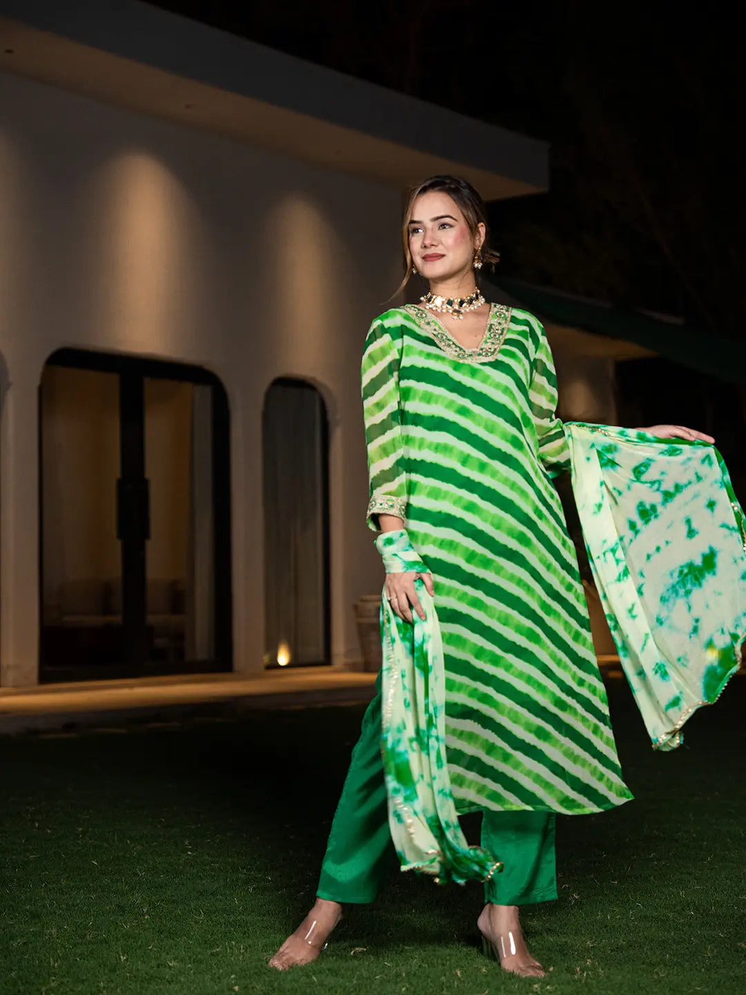 Yufta Green Leheriya Print Poly Georgette Straight Suit Set | Grocsy