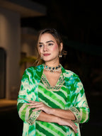 Yufta Green Leheriya Print Poly Georgette Straight Suit Set | Grocsy