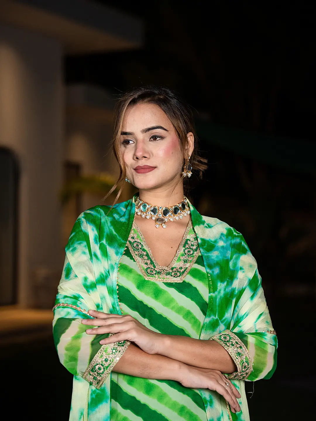 Yufta Green Leheriya Print Poly Georgette Straight Suit Set | Grocsy