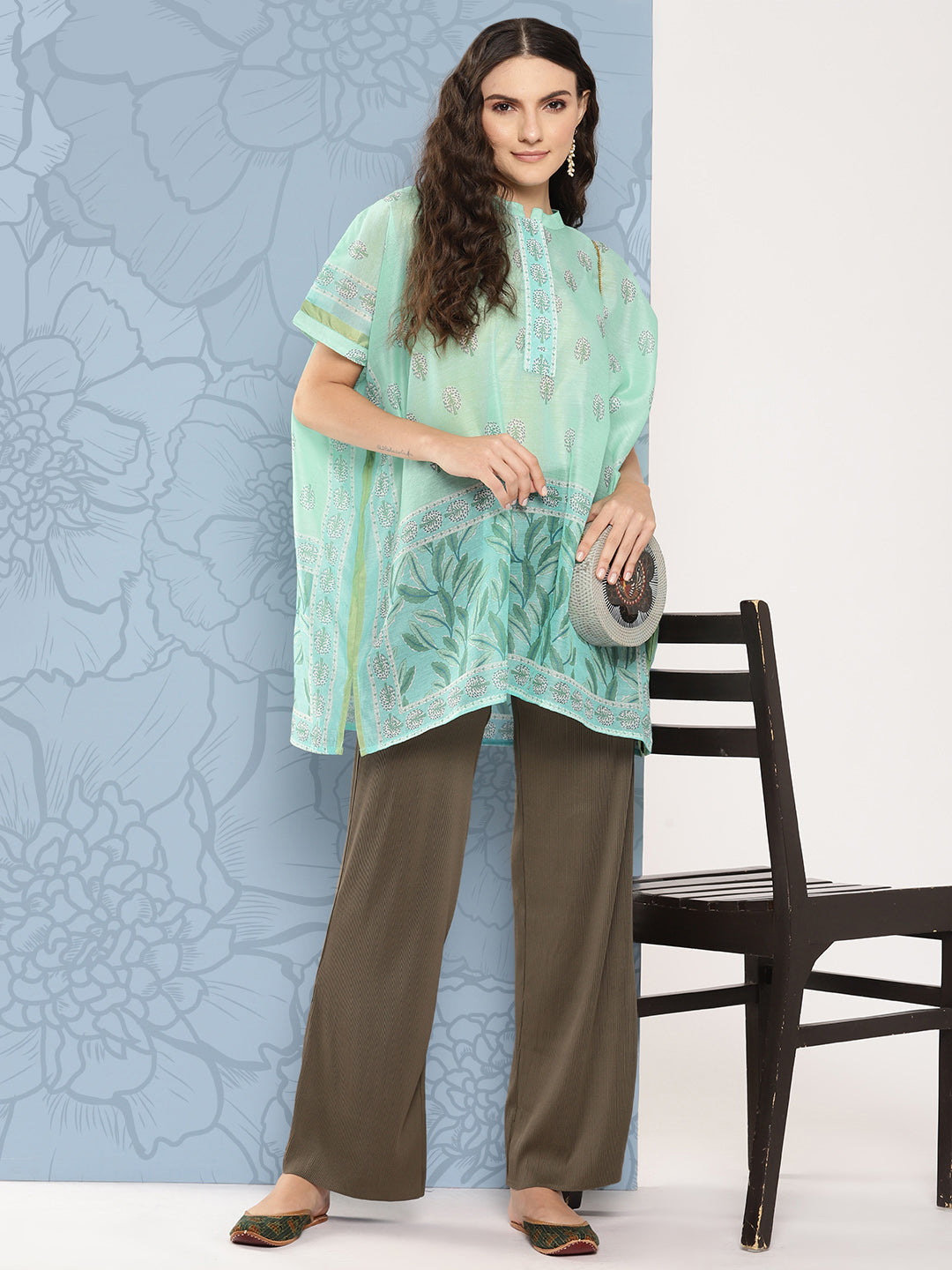 Yufta Green Printed Ethnic Chanderi Cotton Kaftan Longline Top | Grocsy