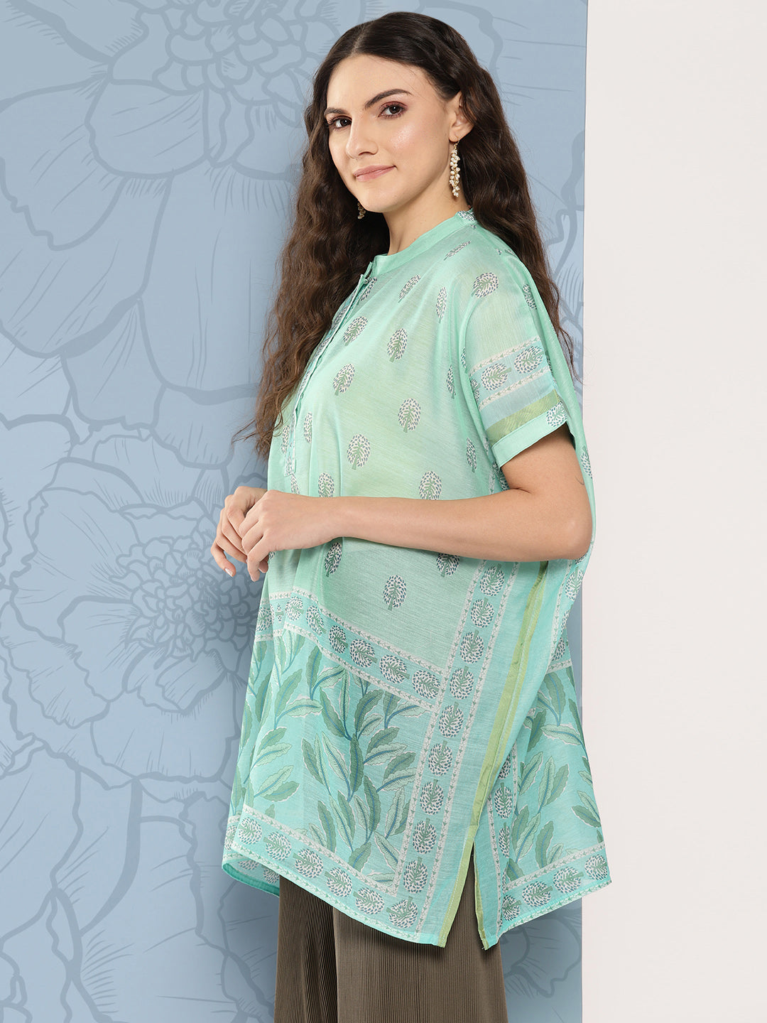 Yufta Green Printed Ethnic Chanderi Cotton Kaftan Longline Top | Grocsy