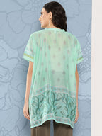 Yufta Green Printed Ethnic Chanderi Cotton Kaftan Longline Top | Grocsy