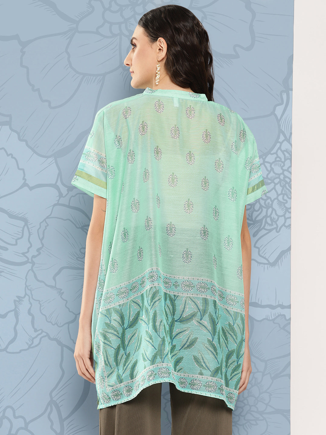 Yufta Green Printed Ethnic Chanderi Cotton Kaftan Longline Top | Grocsy