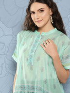 Yufta Green Printed Ethnic Chanderi Cotton Kaftan Longline Top | Grocsy