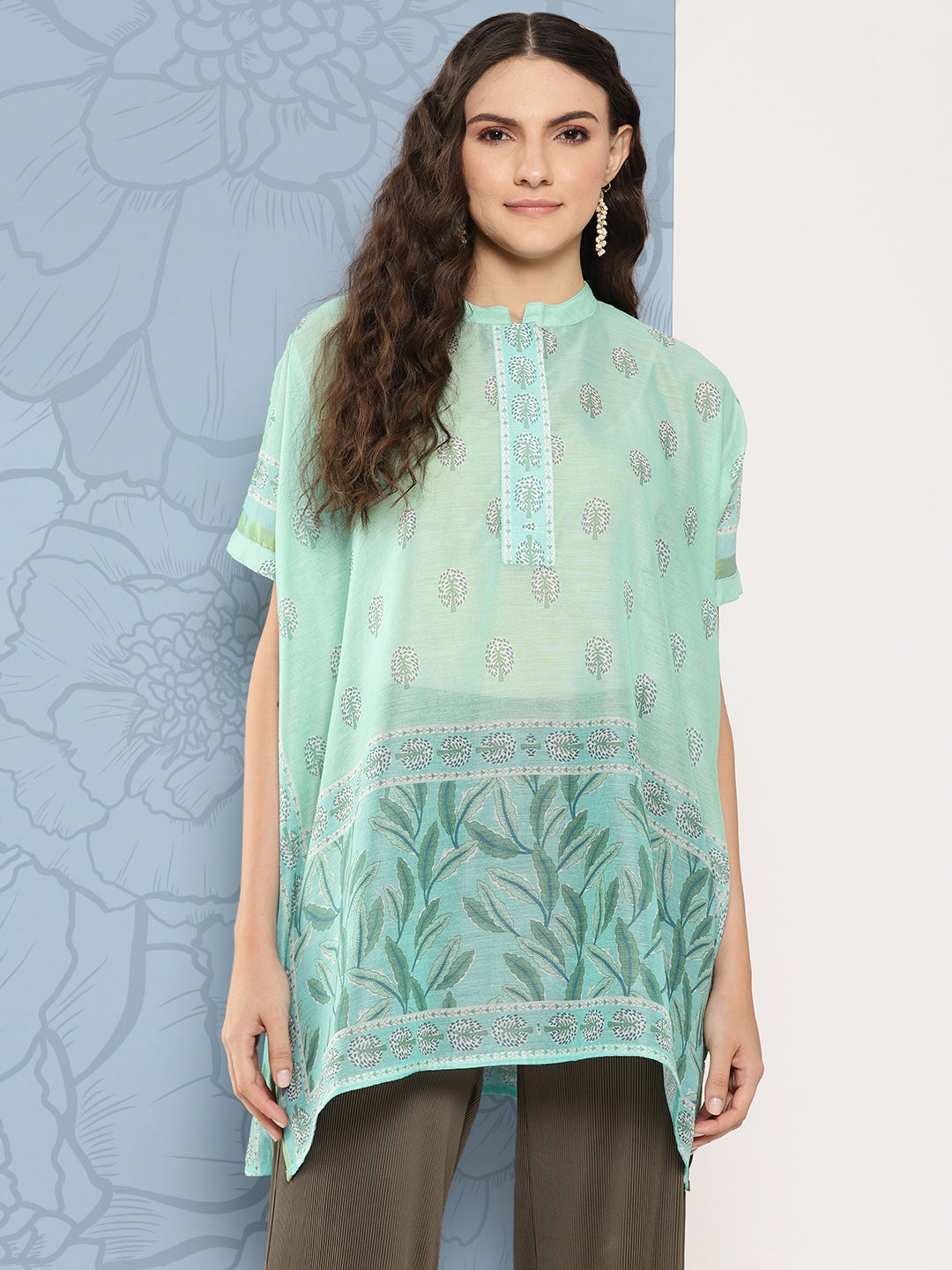 Yufta Green Printed Ethnic Chanderi Cotton Kaftan Longline Top | Grocsy