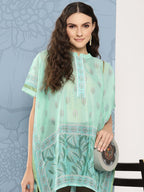 Yufta Green Printed Ethnic Chanderi Cotton Kaftan Longline Top | Grocsy