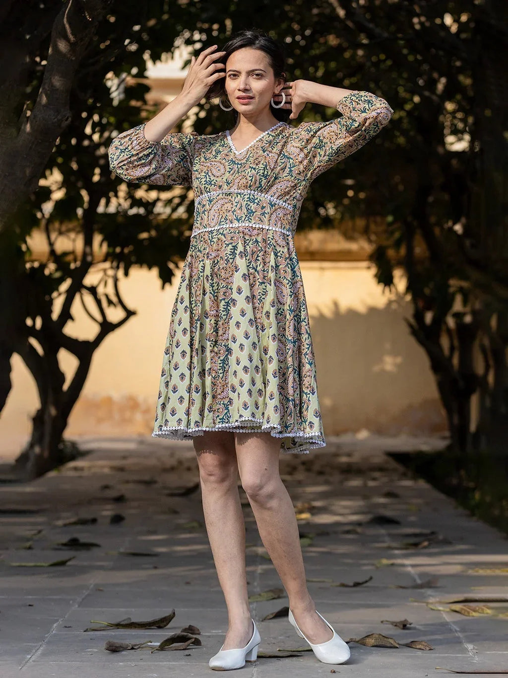 Yufta Green Pure Cotton Paisley And Tassels Were Dress | Grocsy