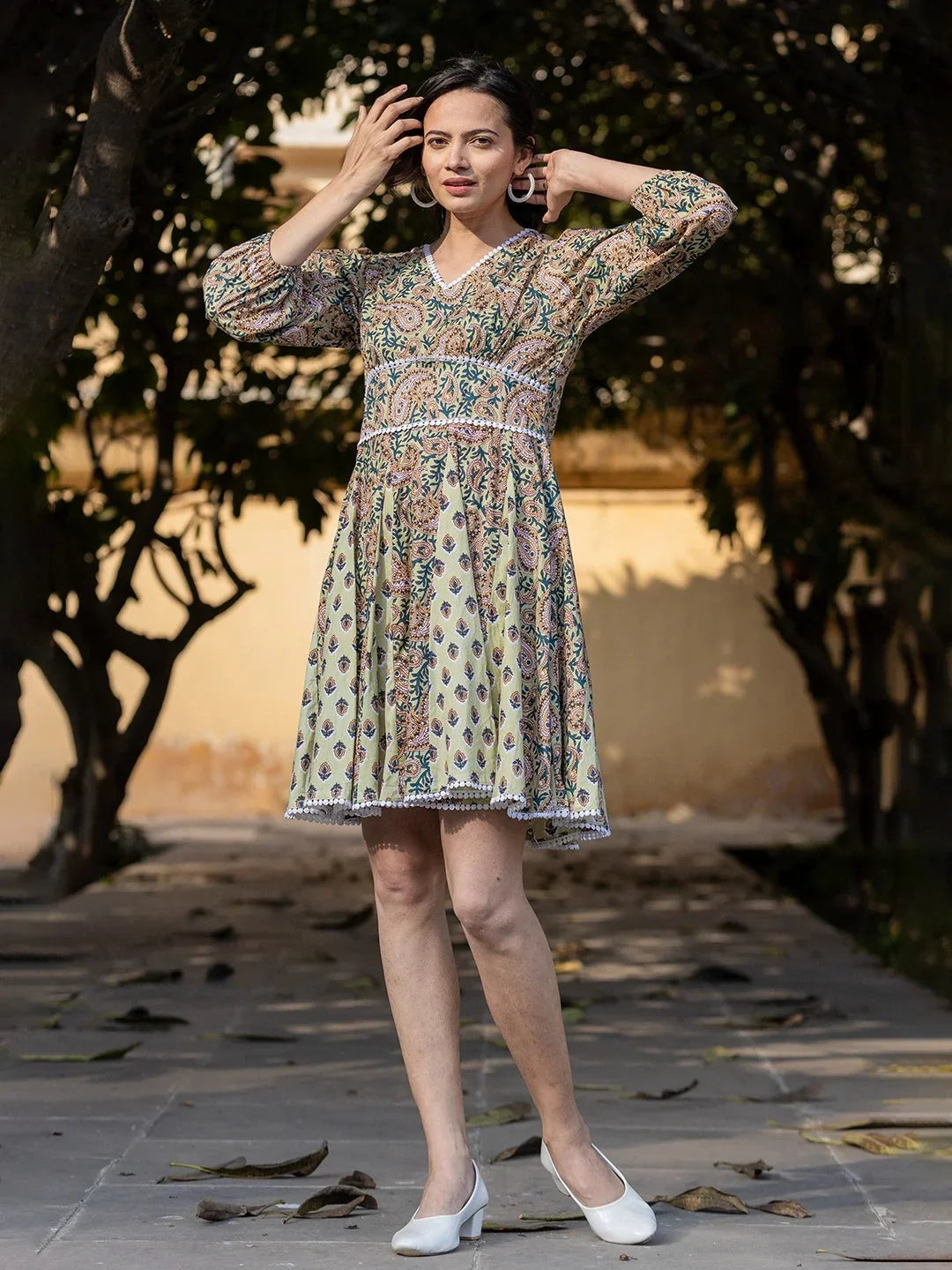 Yufta Green Pure Cotton Paisley And Tassels Were Dress | Grocsy