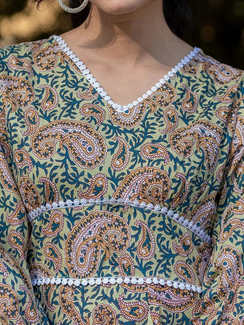 Yufta Green Pure Cotton Paisley And Tassels Were Dress | Grocsy
