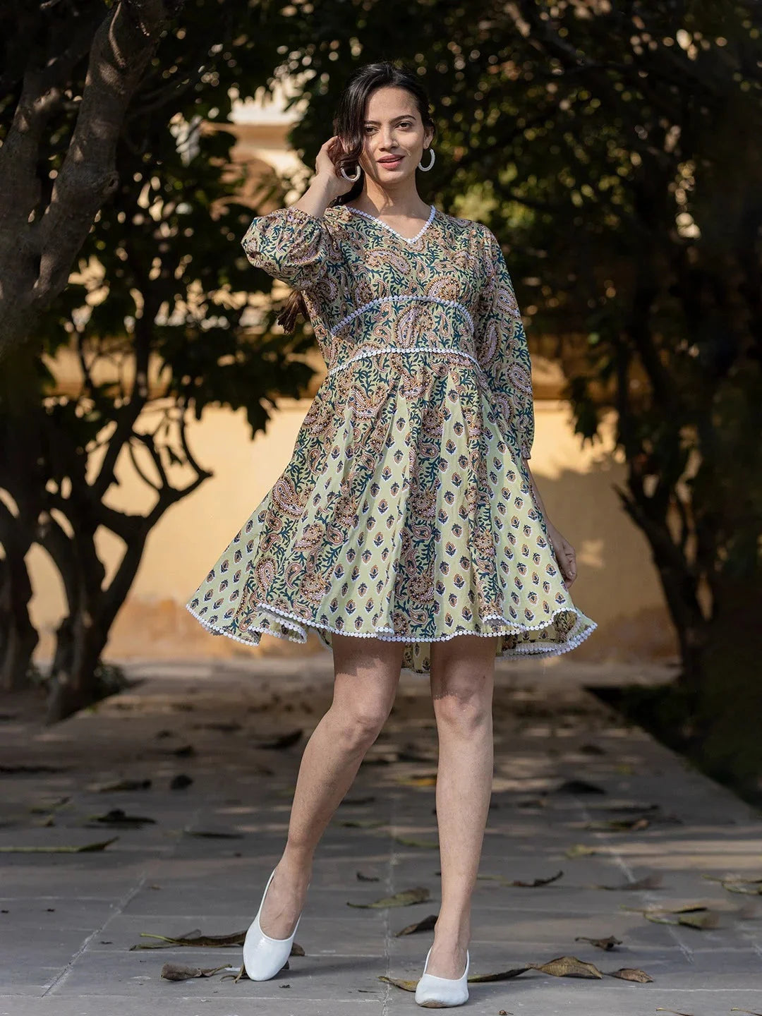 Yufta Green Pure Cotton Paisley And Tassels Were Dress | Grocsy