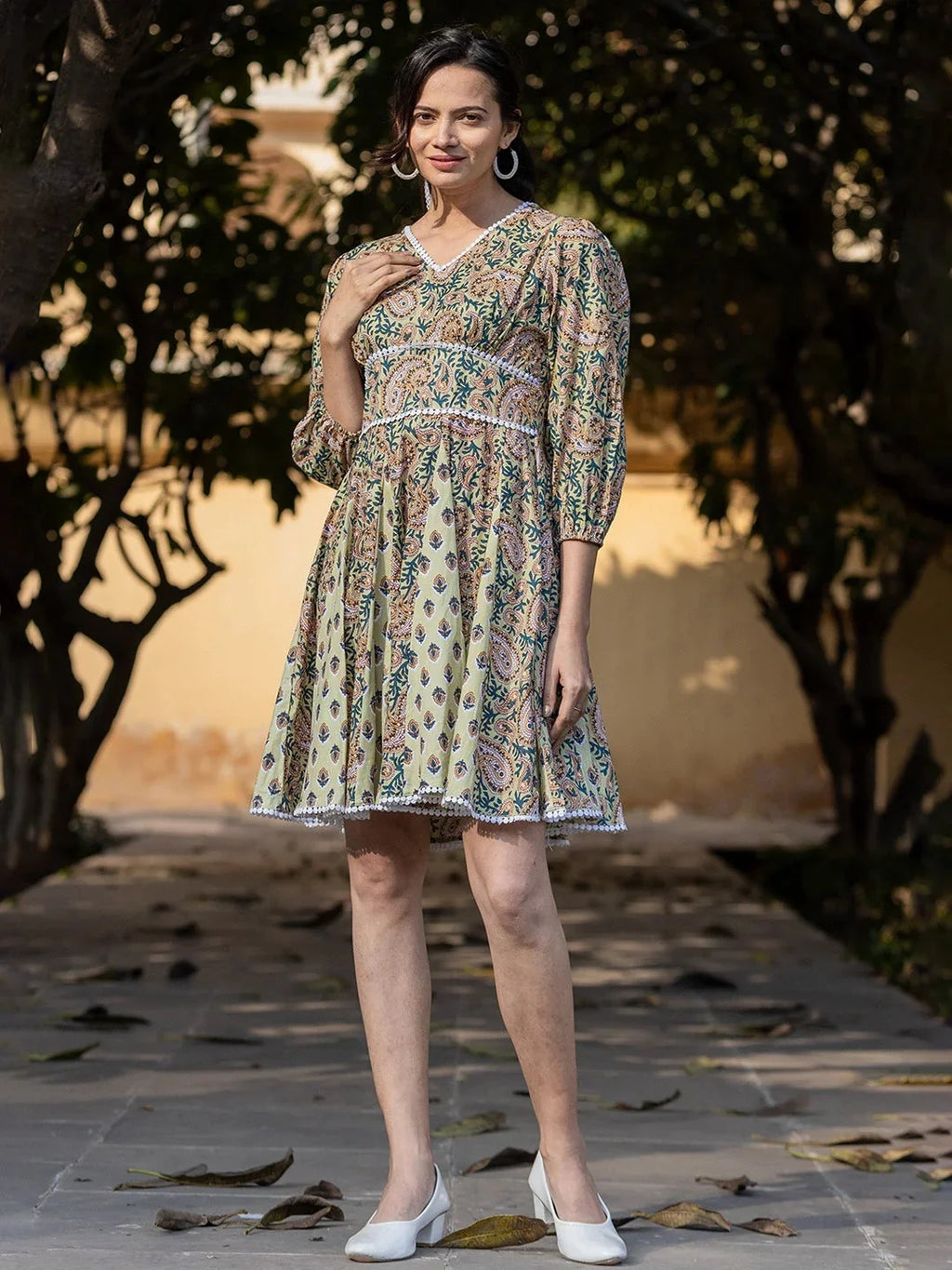 Yufta Green Pure Cotton Paisley And Tassels Were Dress | Grocsy