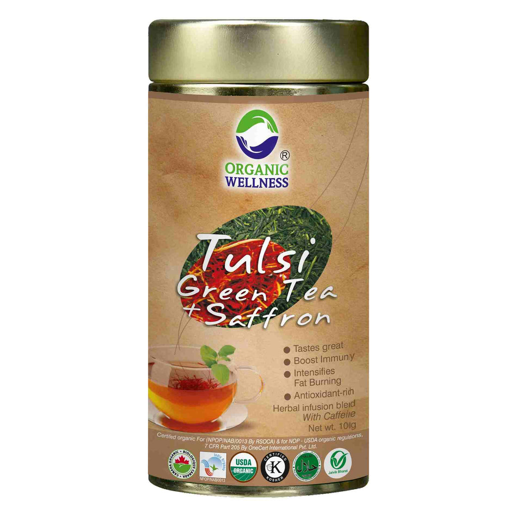 Organic Wellness Tulsi Green Tea + Saffron Tin Pack | Grocsy