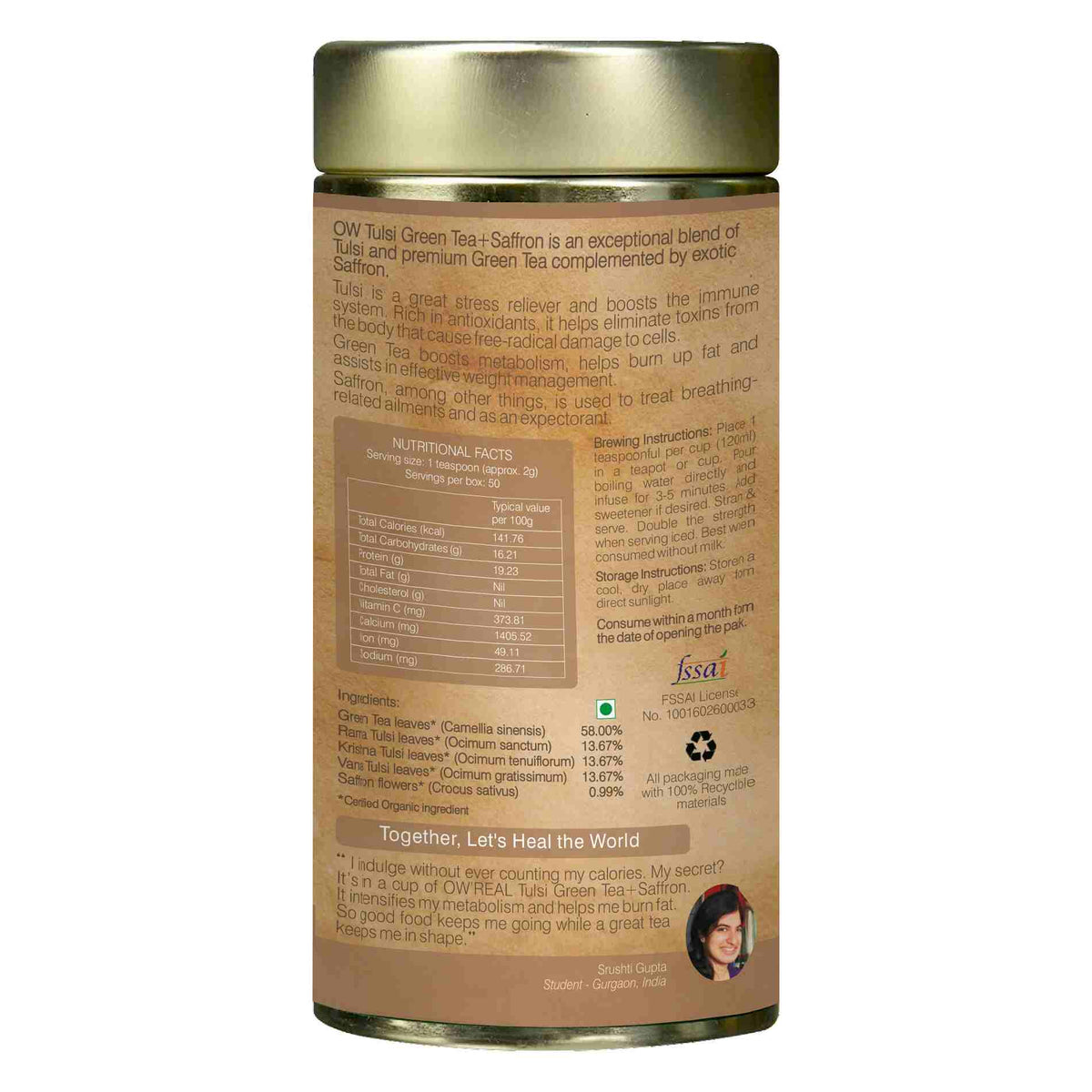 Organic Wellness Tulsi Green Tea + Saffron Tin Pack | Grocsy