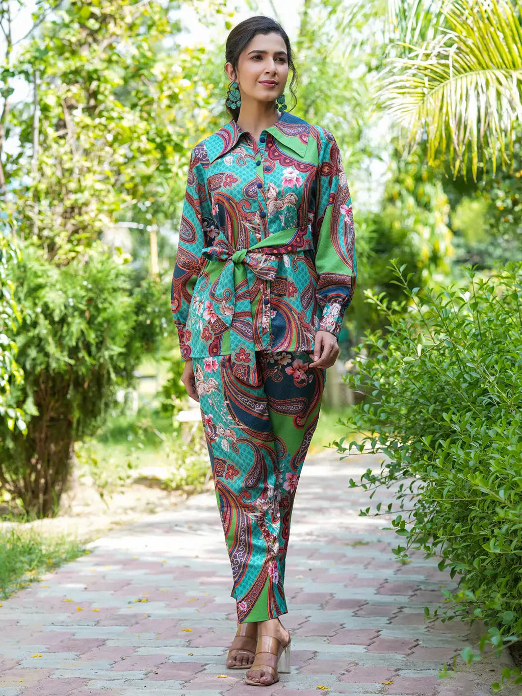 Yufta Green and Turquoise Blue Printed Satin Co-Ords | Grocsy