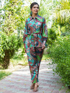 Yufta Green and Turquoise Blue Printed Satin Co-Ords | Grocsy