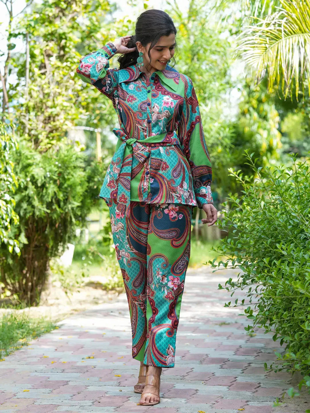 Yufta Green and Turquoise Blue Printed Satin Co-Ords | Grocsy