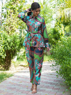 Yufta Green and Turquoise Blue Printed Satin Co-Ords | Grocsy