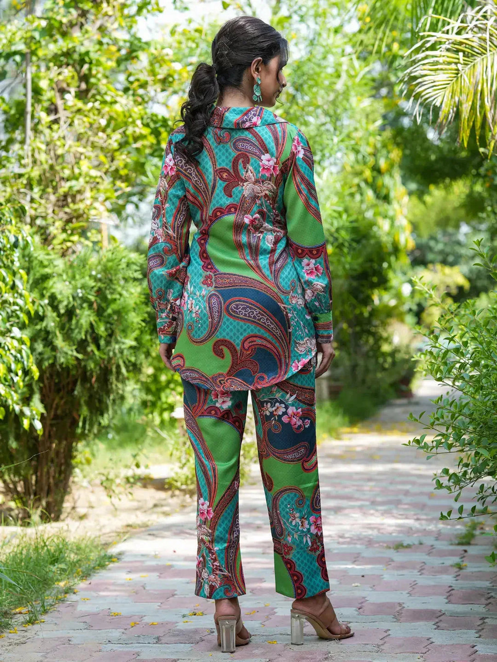 Yufta Green and Turquoise Blue Printed Satin Co-Ords | Grocsy