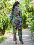 Yufta Green and Turquoise Blue Printed Satin Co-Ords | Grocsy