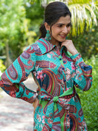 Yufta Green and Turquoise Blue Printed Satin Co-Ords | Grocsy