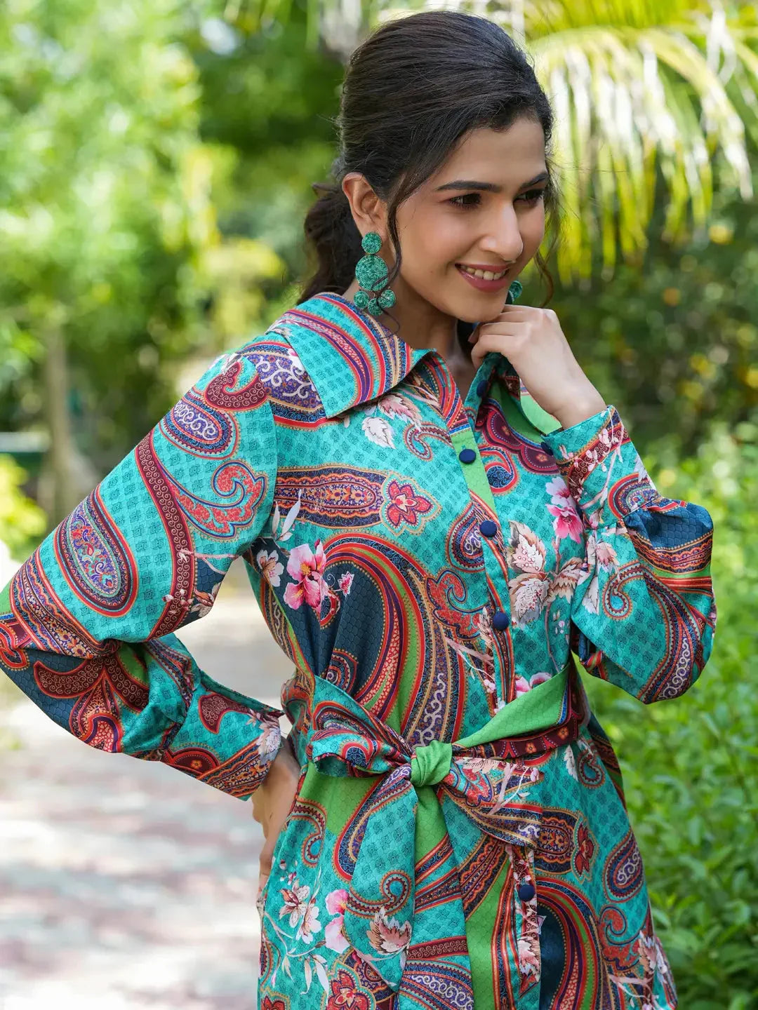 Yufta Green and Turquoise Blue Printed Satin Co-Ords | Grocsy