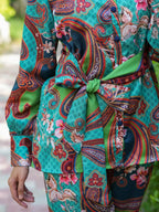 Yufta Green and Turquoise Blue Printed Satin Co-Ords | Grocsy