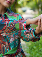 Yufta Green and Turquoise Blue Printed Satin Co-Ords | Grocsy