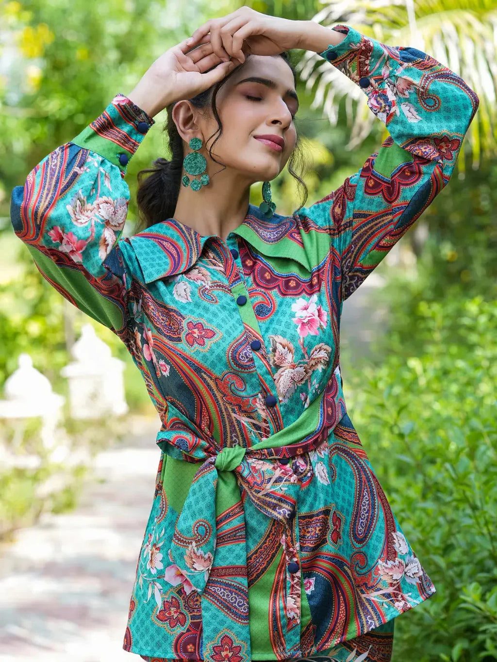 Yufta Green and Turquoise Blue Printed Satin Co-Ords | Grocsy