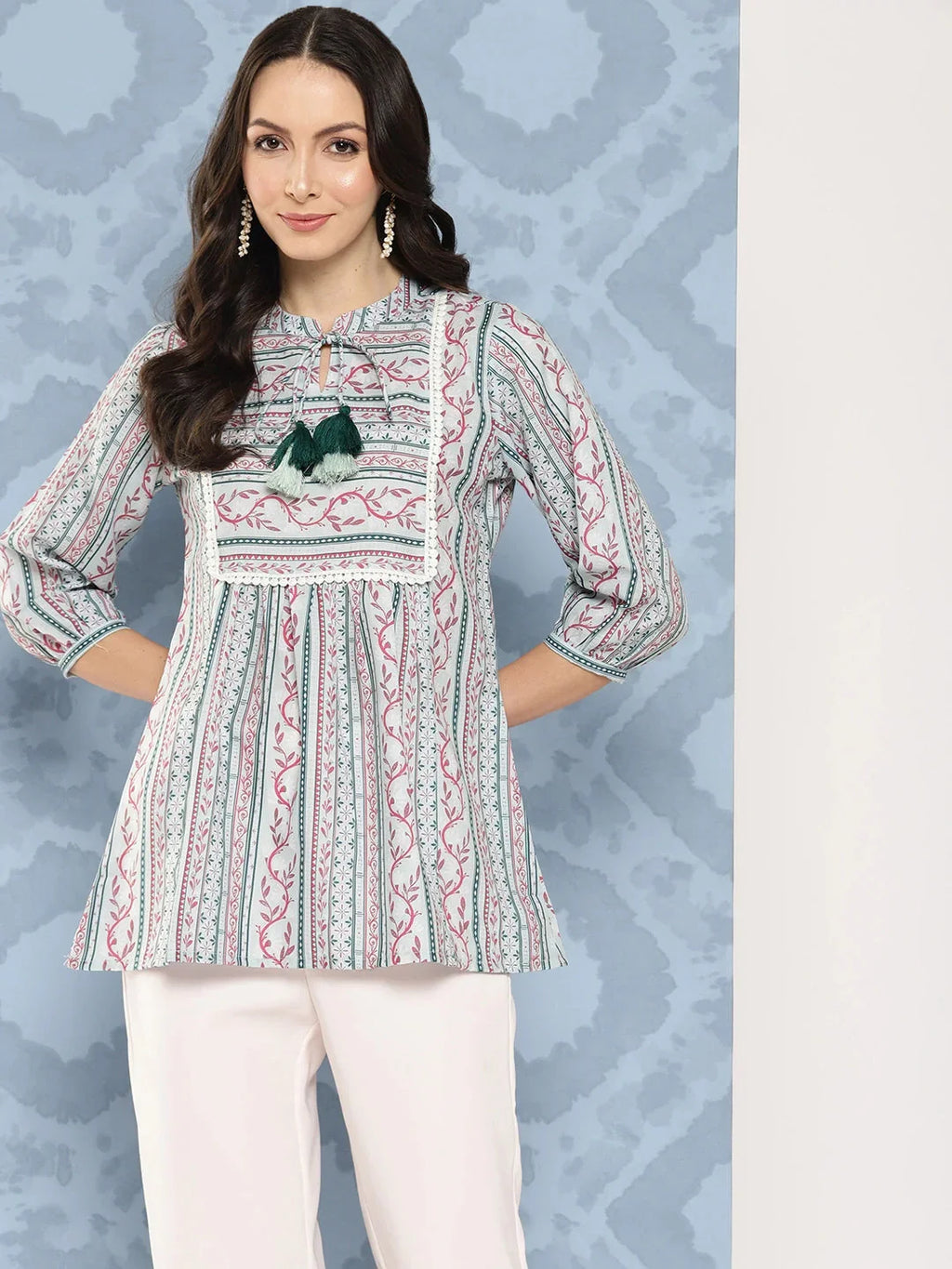 Yufta Green and pink Print Mandarin Collar Ethnic Linen Top | Grocsy