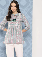 Yufta Green and pink Print Mandarin Collar Ethnic Linen Top | Grocsy