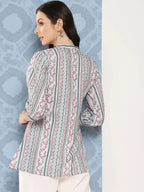 Yufta Green and pink Print Mandarin Collar Ethnic Linen Top | Grocsy