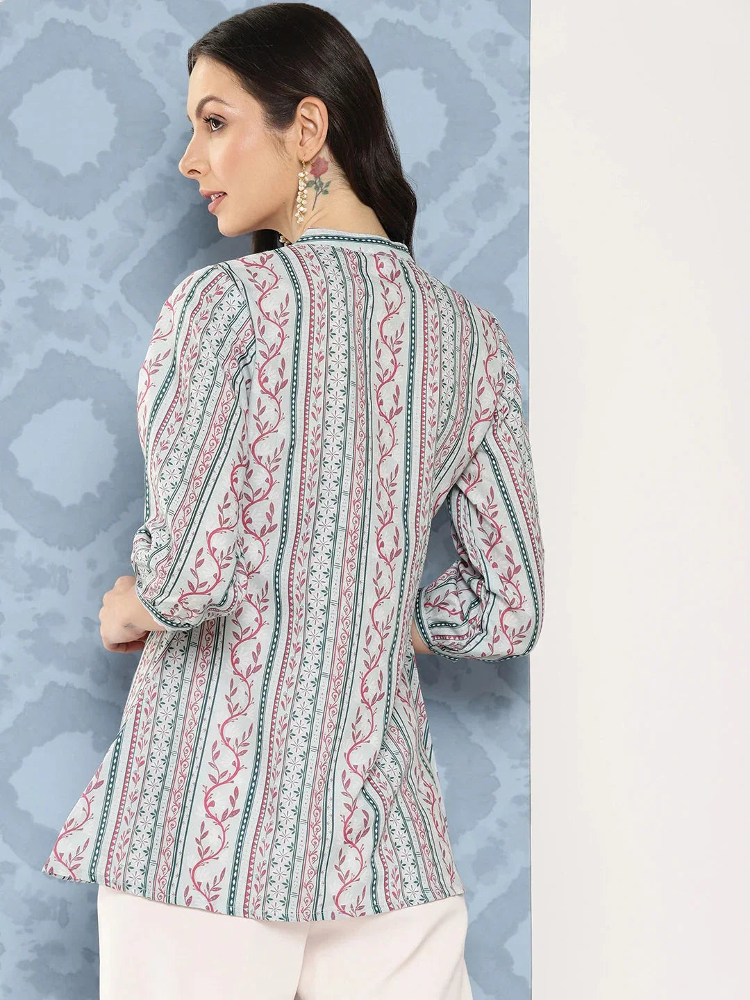 Yufta Green and pink Print Mandarin Collar Ethnic Linen Top | Grocsy