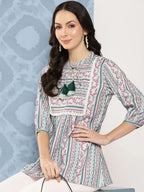 Yufta Green and pink Print Mandarin Collar Ethnic Linen Top | Grocsy