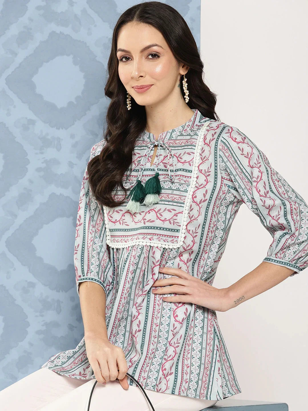 Yufta Green and pink Print Mandarin Collar Ethnic Linen Top | Grocsy