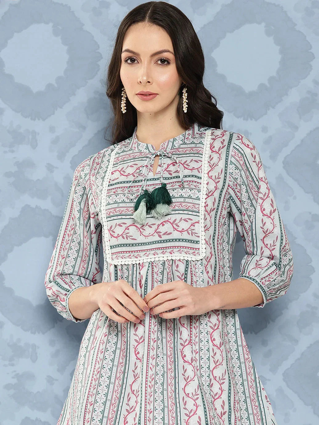 Yufta Green and pink Print Mandarin Collar Ethnic Linen Top | Grocsy