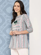 Yufta Green and pink Print Mandarin Collar Ethnic Linen Top | Grocsy